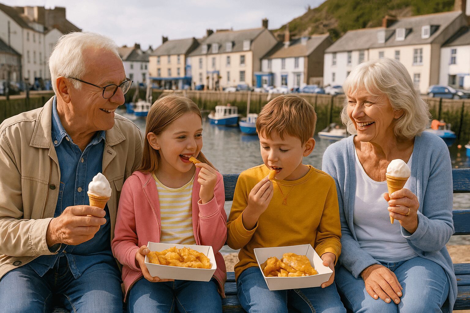 Holidays with grandchildren eating fish and chips and ice-cream by the harbour